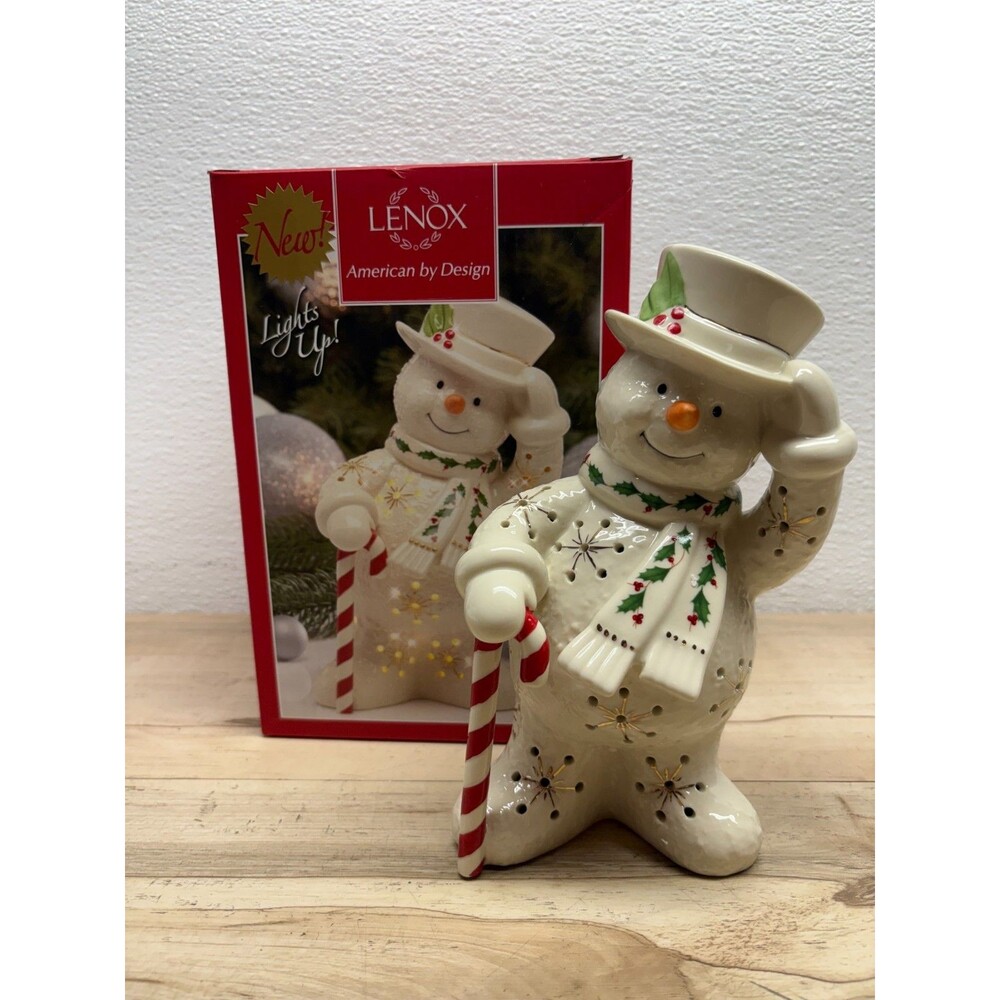 Lenox Lights Up Porcelain Figurine Happy Holly Days Snowman With Candy Cane